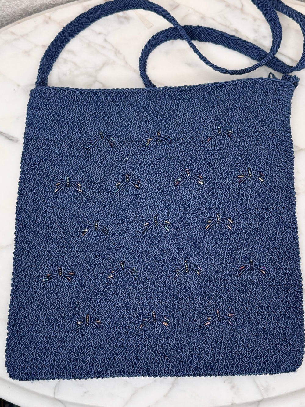 Handwoven Blue Crossbody Bag with beautiful dragonfly Bead Embellishments - Picture 3 of 6